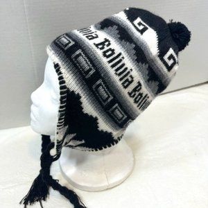 Bolivia Handmade Soft Knit Fleece Lined Beanie Hat Braid Ties Black White